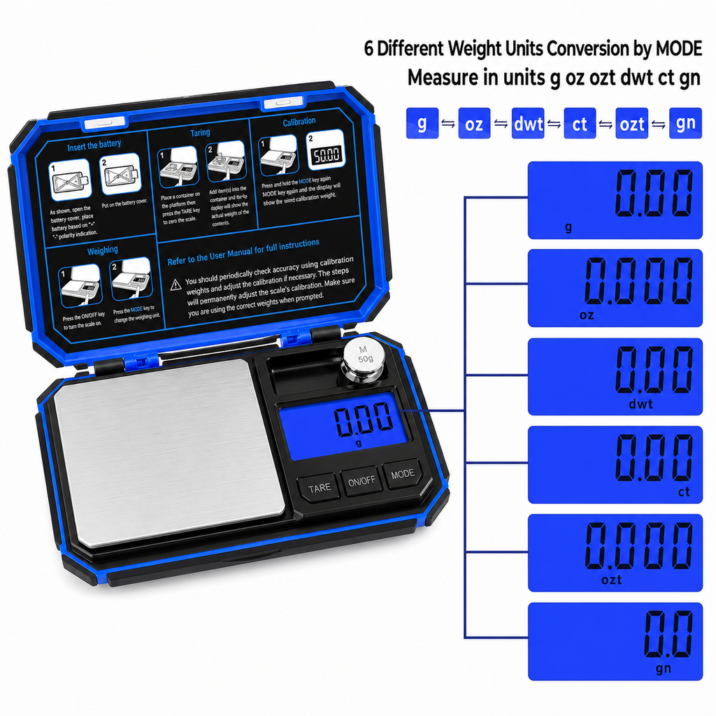 Digital Pocket Scale, 200g x 0.01g, High-Precision Gram Scale with 50g Calibration Weight, 6 Units, for Powder, Supplements, Jewelry