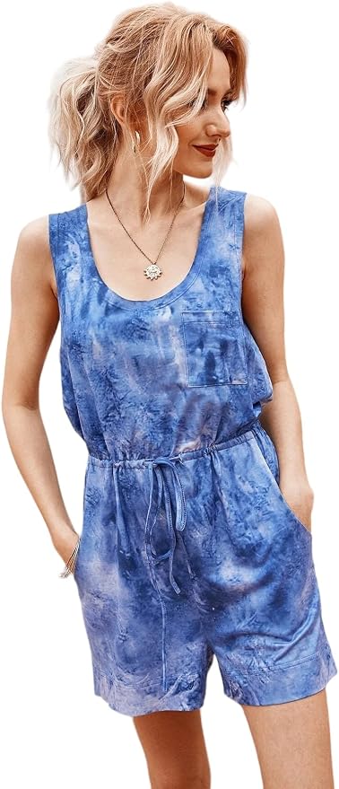 Lightweight Blue Acid Wash Reverse Tie-Dye Summer Romper New Summer Fashion Outfit